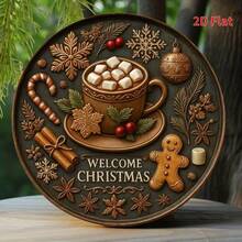 2D Flat, 1pc Vintage Christmas Hot Chocolate Wall Art - Round Iron Sign With Festive Decorations, "Welcome Christmas" Text, Perfect For Home, Kitchen, Garden, Or Office Decor, Holiday Decoration, Christmas Decorations For Home Home Decor Room Decor