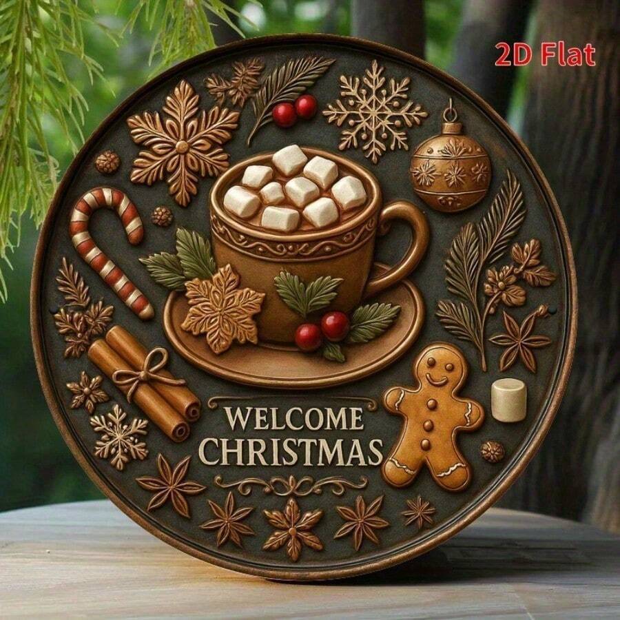 2D Flat, 1pc Vintage Christmas Hot Chocolate Wall Art - Round Iron Sign With Festive Decorations, "Welcome Christmas" Text, Perfect For Home, Kitchen, Garden, Or Office Decor, Holiday Decoration, Christmas Decorations For Home Home Decor Room Decor