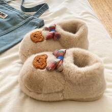 2025 Autumn/Winter New Cute Cartoon Bear Bow Thickened Plush Slip-On Slippers, Warm, Non-Slip, Comfortable For Home