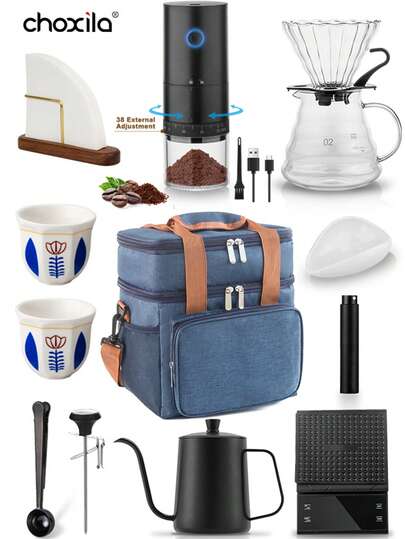choxila 6/14pcs Size 02 Pour Over Coffee Set, Portable Travel & Camping Kit With Storage Bag, Including V02 Coffee Pot, Filter Cup With Handle, 2pcs Octagonal Ceramic Cups, Coffee Bean Electronic Scale, Coffee Grinder, 40pcs Filter Paper, Filter Paper Holder, Coffee Bean Spray, 600ml Hand Brewing Pot, Coffee Bean Measuring Spoon, Coffee Thermometer, Coffee Bean Dish, For Home, Coffee, Tourism, Outdoor Activities, Saudi National Day