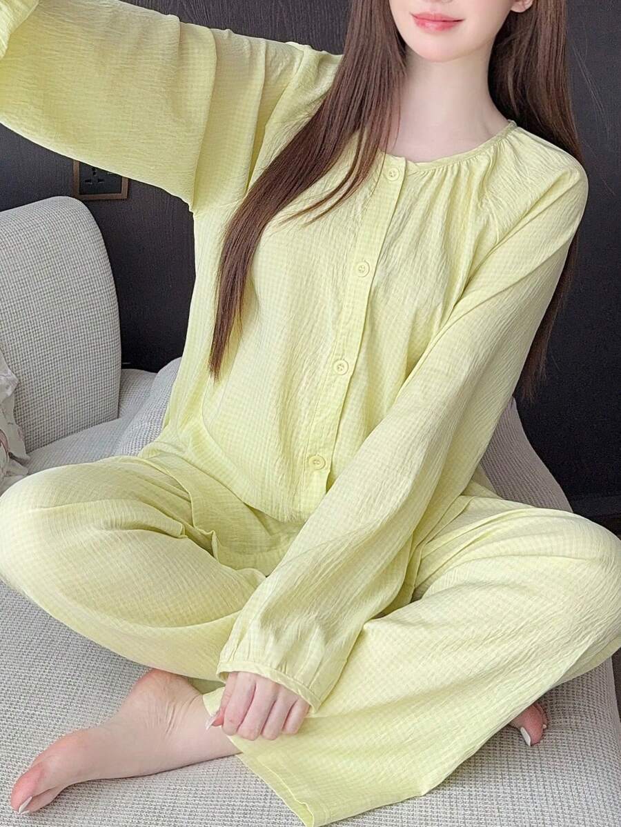 2pcs Yellow Plaid Minimalist Women Sleepwear Set, Solid Color Mandarin Collar Button Down Long Sleeve Top & Pants Pajama, Cozy Outfit, Fall Winter Clothes