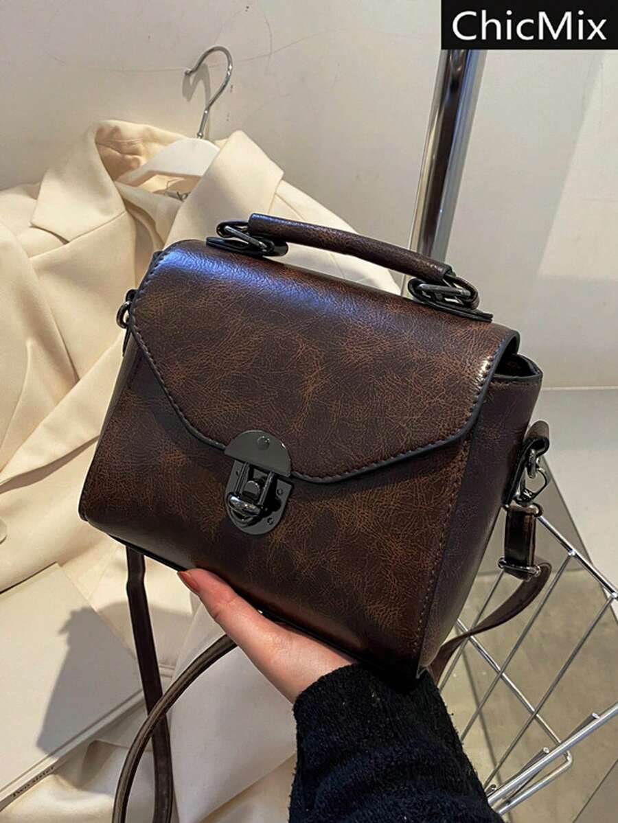 輕便商務休閒迷你金屬鎖蓋方形包適合青少年女孩女大學生、菜鳥和白領，非常適合辦公室、大學、工作、商務、通勤、戶外、旅行、郊遊 - 咖啡棕 - 查看 1