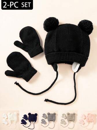 2 件套 1-2 岁幼儿/儿童保暖帽子和手套套装，秋冬，简约可爱纯色针织帽，舒适冬帽，适合日常穿着，户外休闲和通勤配饰