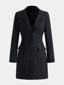 Women's Fashion Black Long Sleeve Short Jacket, Pointed Collar, Front Button Details And Practical Pockets, Button V-Neck Pocket Long Sleeve Mini Dress Blazer - Black - View 2