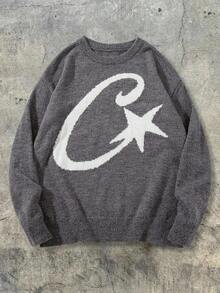 Unisex Vintage Casual Loose Fit Crew Neck Sweater With Star Pattern, Lightweight & Comfortable, Suitable For Spring, Autumn & Winter - Grey - View 2