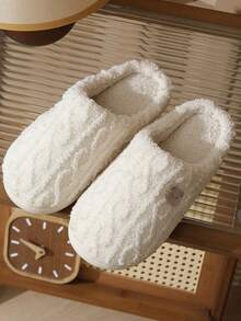 女士可爱卡通熊毛绒拖鞋，防滑耐磨舒适保暖家居拖鞋，适合秋冬季 - 白色 - 查看 5