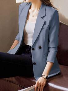 Women's Single Breasted Long Sleeve Blazer With Buttoned Cuffs - Baby Blue - View 5