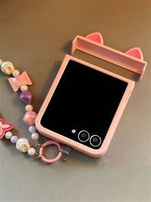 Carcasă de protecție mată maro cu suport pentru urechi în formă de inimă drăguță, compatibilă cu Samsung Galaxy Z Flip7 Flip6 ZFlip5 4 3, cu șnur din nailon, anti-cădere, pliabilă, rezistentă la cădere, pentru PC