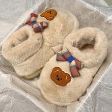 2025 Autumn/Winter New Cute Cartoon Bear Bow Thickened Plush Slip-On Slippers, Warm, Non-Slip, Comfortable For Home