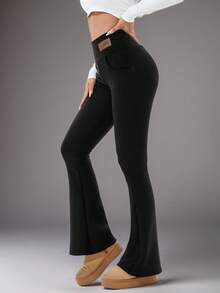 Autumn And Winter High-Waisted Thermal Lined Flared Pants With Side Slits, Stretchy Women's Wide Leg Yoga Casual Trousers - Black - View 4