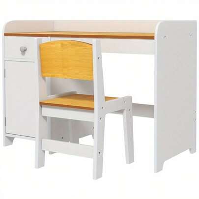 White Compact Desk And Chair Set With Storage - MDF Construction Includes Drawer And Open Compartment 31.5 Inch Workspace