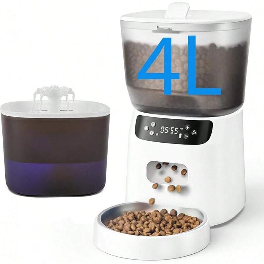 Automatic Feeder And Fountain, 4L/16 Cups Timed Dry Food Dispenser, 10s Meal Call, 20 Portions 6 Meals Per Day, 2L Cats Fountains Drinking With, Pet Feeder Dog Black - 白色 - 查看 1