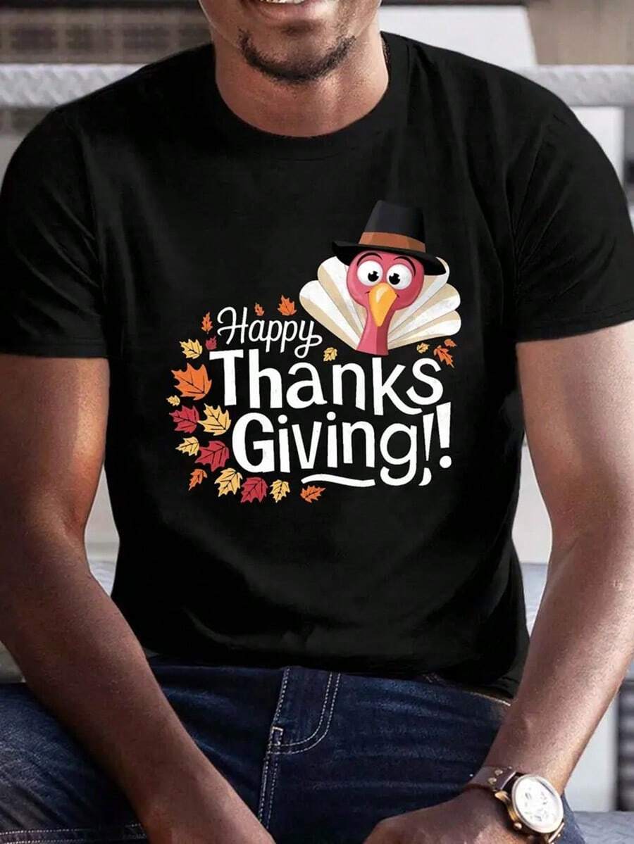Men's Happy Thanksgiving Graphic T-Shirt - Short Sleeve Casual Tee With Turkey & Autumn Leaves Design, Black & Orange Geometric Print, Lightweight Summer Shirt For Holiday Celebrations, Thanksgiving T Shirts, Seasonal Outfit, Playful Design, Comfortable Fit, Printed Top, Mens Fashion, Perfect For Thanksgiving,Nightmare Before Christmas,Christmas,Halloween Costumes,Funny T Shirts,Summer Outfits,Thanksgiving Day,Men Graphic Tees,Streetwear Men - 黑色 - 查看 1