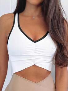 ATTRACO Áo bra thể thao nữ màu đen cổ chữ V, xếp ly phía trước, áo hai dây thể thao, áo bra thể thao yoga lưng chữ V. - trắng - Xem 3
