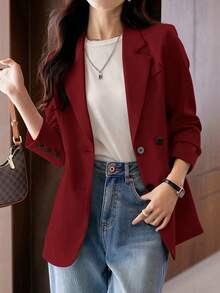 女式单排扣长袖西装外套，袖口带纽扣 - 紅色 - 查看 3