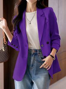 Women Plus Size Casual Plain Color Blazer, Spring/Autumn - Purple - View 5
