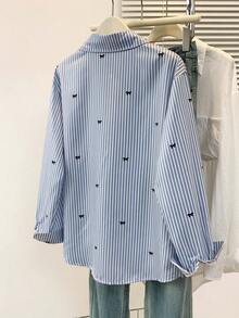 Women's Bow Tie Striped Print Long Sleeve Shirt, Button Front, Shirt Collar, Casual Top, Suitable For Spring, Autumn And Winter - Blue - View 3