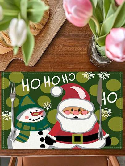 Juego de 1/2/4/6/8 piezas de manteles individuales navideños con diseños de Papá Noel, muñeco de nieve y copos de nieve en color verde, de tamaño 12 x 18 pies, con aislamiento rectangular de lino, adecuados para decoración del hogar, decoración de fiestas, reuniones festivas, decoración navideña, cocina, restaurante, decoración de mesa del hogar