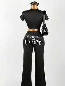 ملابس صيفية للنساء من الشارع الرئيسي هيب هوب موحد اللون طباعة حرف مجموعتين قطعتين رقبة على شكل حرف O قمصان قصيرة ضيقة وبنطلون مستقيم الساق