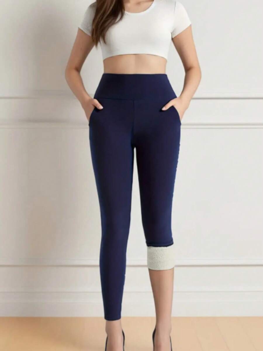 One Piece    Halloween    Fantasy-Simple    Warming    Fabric    Winter    Fleece-Lined Pocket Leggings - 藏蓝色 - 查看 1