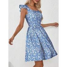 Women's Summer Dresses Casual Square Neck Floral Sundress With Pockets A Line Flowy Beach Dress - 藍色 - 查看 2