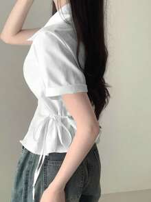 2025 Spring/Summer New Tie Design Button Women Short Sleeve Blouse - White - View 5