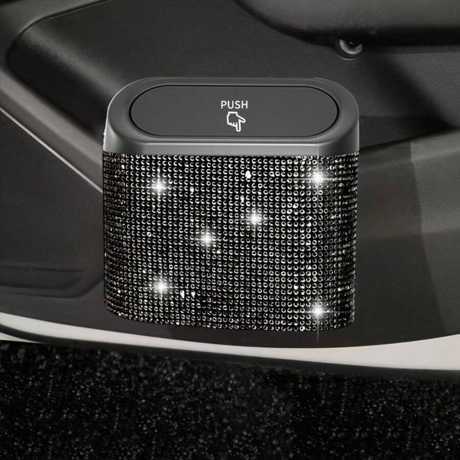 1pc New Crystal Rhinestone Car Trash Can, Creative Car Rear Hanging Garbage Bin, Multi-Purpose Car Storage Container
