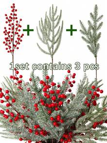 3/6pcs Christmas Tree Branches,2 Green Branches + 1 Red Berry Branches,PE Material,Artificial Cedar Red Berry Branches,Christmas Decorations And Ornaments,21. 65inch/55cm, Artificial Flowers, Autumn And Winter, Artificial Plants, Artificial Flowers, Christmas, Christmas Decorations, Fake Plants