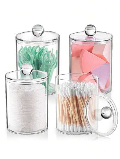 1个透明棉签盒，二合一分隔式棉签和化妆棉收纳盒，梳妆台面收纳盒，可存放棉签、化妆棉、牙线等物品