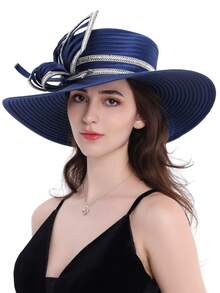 Box Packaging Fashion Retro Women's Church Hat With Wide Brim And Rhinestone Decoration Elegant Church Hat Must-Have For Easter, Mother's Day, Wedding Guests And Special Occasions - 藏蓝色 - 查看 4
