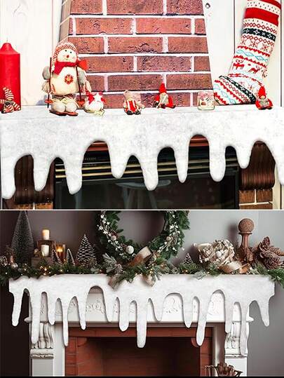 47in Christmas Snow Fireplace Decor Icicle Mantel Scarf, Cotton Snow Curtain, Icicles Borders Christmas Fireplace Scarf, Artificial Snow Fireplace Blanket Roll, Christmas Decor For Fireplace Windowsill, Christmas Tree Skirt, Christmas Holiday Decoration