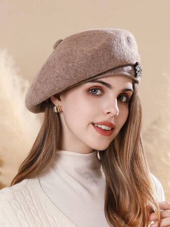 1 件复古风格休闲羊毛贝雷帽，带水钻，修身版型，适合秋冬季、情人节