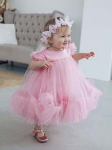 女婴粉色短袖薄纱优雅公主裙，适合情人节派对、女婴周岁生日、婚礼花童、特殊场合和节日庆典。 - 粉色 - 查看 4