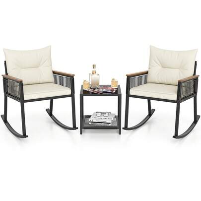 3 PCS Patio Rocking Bistro Set Outside Wicker Rockers W/ 2-Tier Tempered Glass Coffee Table