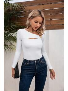 Womens Fashion Fall Cutout Long Sleeve Ribbed Slim Fitted Tops Shirts Tee Tshirts - 長白 - 查看 7