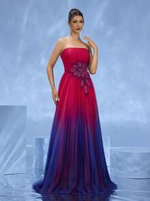 DELLA COUTURE 优雅奢华的红蓝渐变串珠亮片贴花露肩及地晚礼服，非常适合宴会、婚礼、舞会和派对等正式场合。 - 紅色 - 查看 5