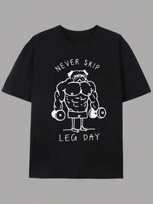 Men's "Never Skip Leg Day" Graphic Tee - White Casual Fitness-Inspired T-Shirt With Bulldog Weightlifting Design, Unisex Streetwear For Summer, Gym Shirts - Black - View 1