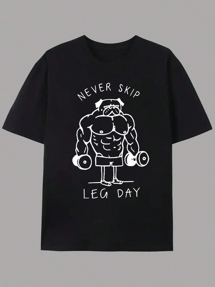 Men's "Never Skip Leg Day" Graphic Tee - White Casual Fitness-Inspired T-Shirt With Bulldog Weightlifting Design, Unisex Streetwear For Summer, Gym Shirts - Black - View 1