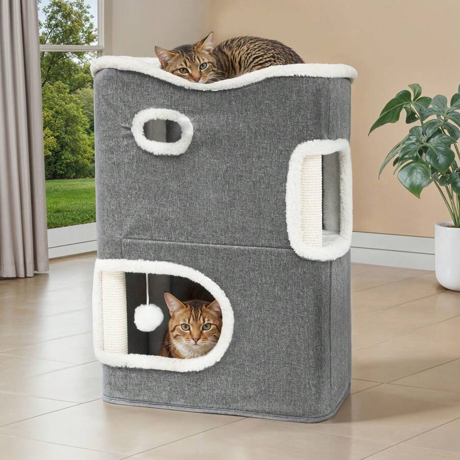 BALCONERA Grey Indoor Cat House – Multi-Purpose Cat Furniture With Cat Bed (Cave/Barrel), Small Scratching Post, Ideal For Indoor Cats - Xám - Xem 1