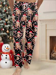 Pantalones de pijama personalizados con estampado navideño para hombres, con patrón negro de bastones de caramelo y copos de nieve navideños, ropa de dormir festiva y divertida, regalo de Navidad ideal para amigos y familiares, invierno
