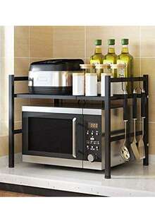 Mueble de cocina, soporte para microondas de 2 niveles, extensible en altura y anchura, con 6 ganchos, perfecto para colgar tus utensilios de cocina, color blanco/negro