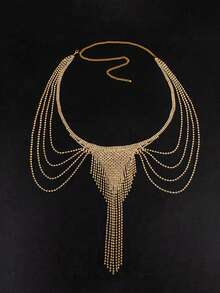 Alluring Angel Wing Body Chain, Sparkling Rhinestone Embellished Sexy Glittery Fringed Chest Chain For Party, Runway, And Festival - Gold - View 10