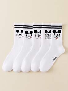 Disney 1/5双装男士圆领运动袜，黑白条纹图案，可爱卡通女袜，吸湿排汗防臭休闲运动袜，适合学生、成人日常穿着及送礼 - 白色 - 查看 1