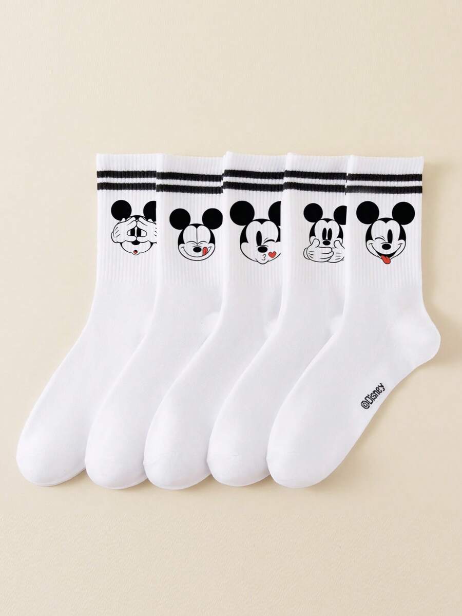 Disney 1/5双装男士圆领运动袜，黑白条纹图案，可爱卡通女袜，吸湿排汗防臭休闲运动袜，适合学生、成人日常穿着及送礼 - 白色 - 查看 1