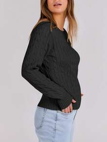 White Women's Long Sleeve Knit Solid Color Casual Ribbed Beach Sweater - Black - View 4