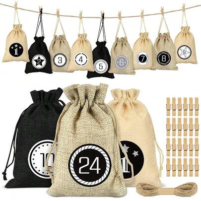 24 Stücke wiederverwendbare Weihnachts-Countdown-Kalender Stoffbeutel, mit 24 Stücke Aufklebern und 24 Stücke Holzklammern, gelb, schwarz, kaffeefarben Jutegewebe Beutel, 2025