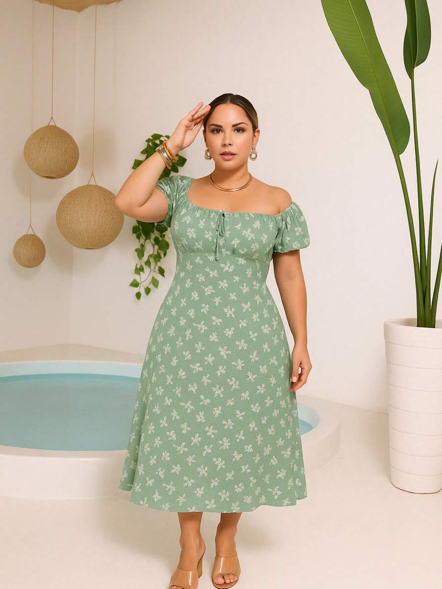 Classic Plus Size Midi Dress With Side Slit And Marked Waist Simple Elegant Casual Party Knot Holiday Spring Summer - Màu xanh Bạc hà - Xem 1