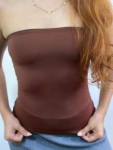 Women's Basic Tube Top, Strapless, Long, Double Polyamide Tube Top, Without Pads - Rust Brown - View 2