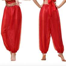 1 buc Femei Adult Dans Costum Sequin Pantaloni Lejeri Buric Dans Evidențiați Șifon Bloomers Scenă Performanță Dans Practică Pantaloni cu Lanț de Talie Eșarfă de Sold