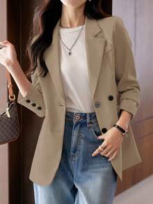 Women's Single Breasted Long Sleeve Blazer With Buttoned Cuffs - Khaki - View 3